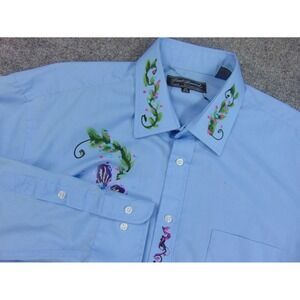 Paul Howard Paris Beverly Hills Shirt Mens 17x32/33 Blue Hand Painted Floral